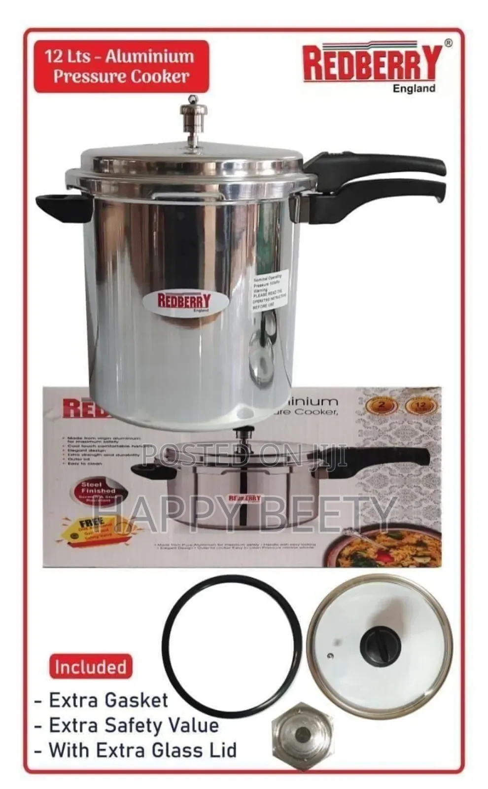 Redberry Premium Range Aluminium Pressure Cooker: With Glass Lids