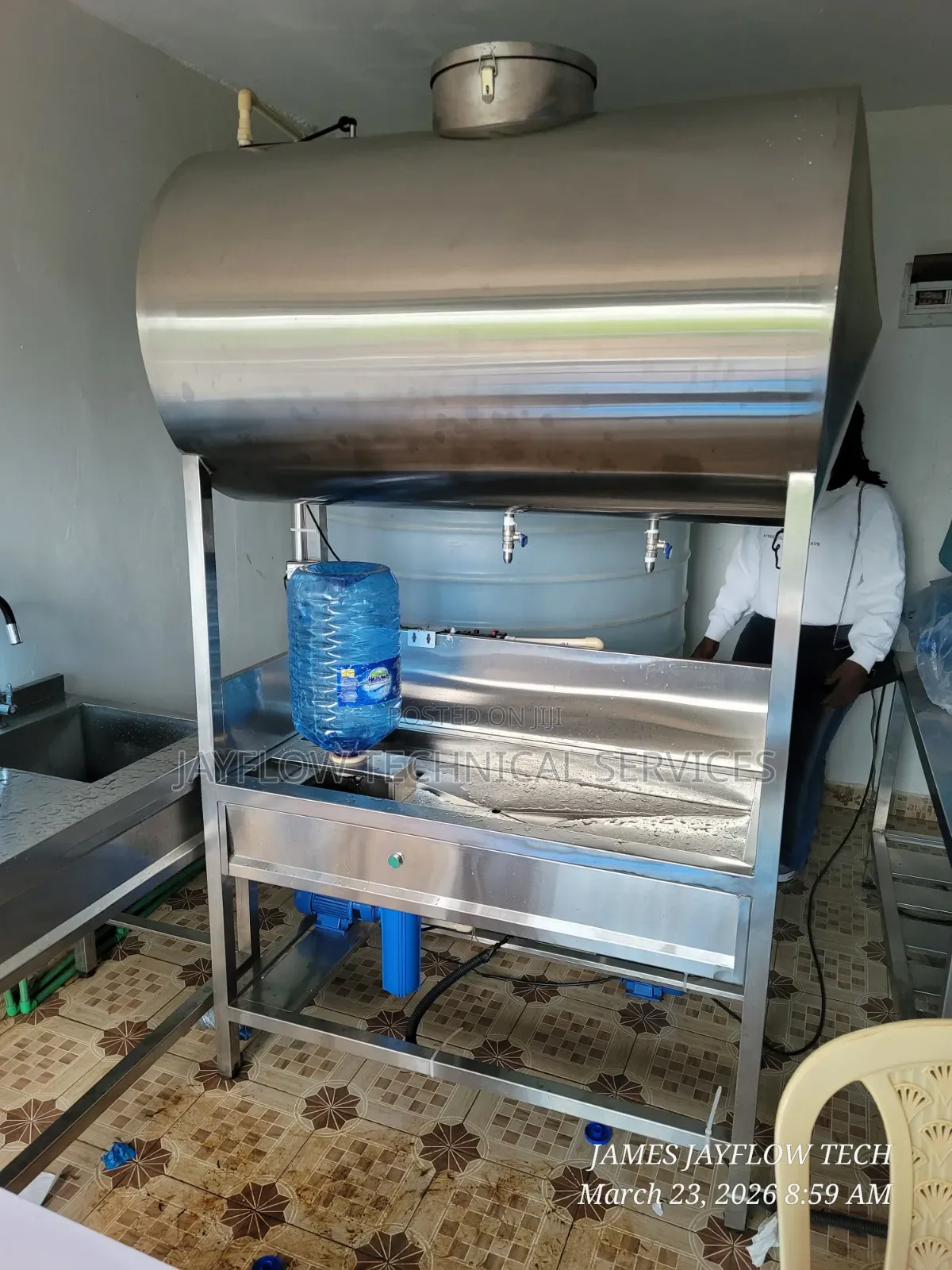 Water Refilling Station Setup – Stainless Steel Tank, Bottle Rinser