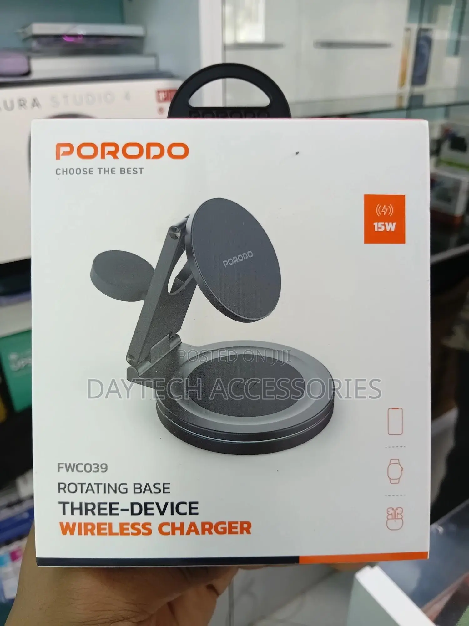 Porodo Rotating Base Three-Device Wireless Charger Stand.