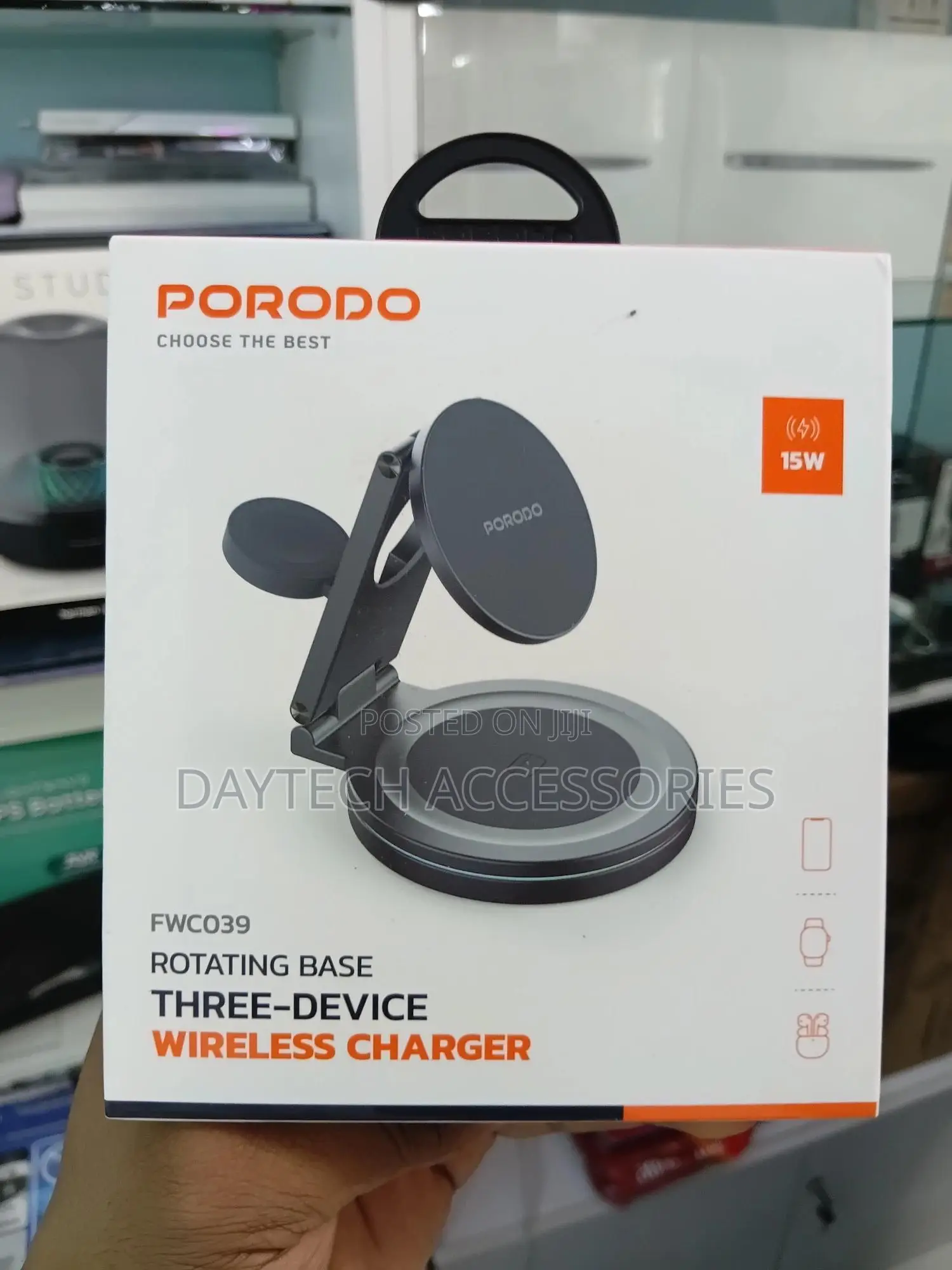 Porodo Rotating Base Three-Device Wireless Charger Stand.