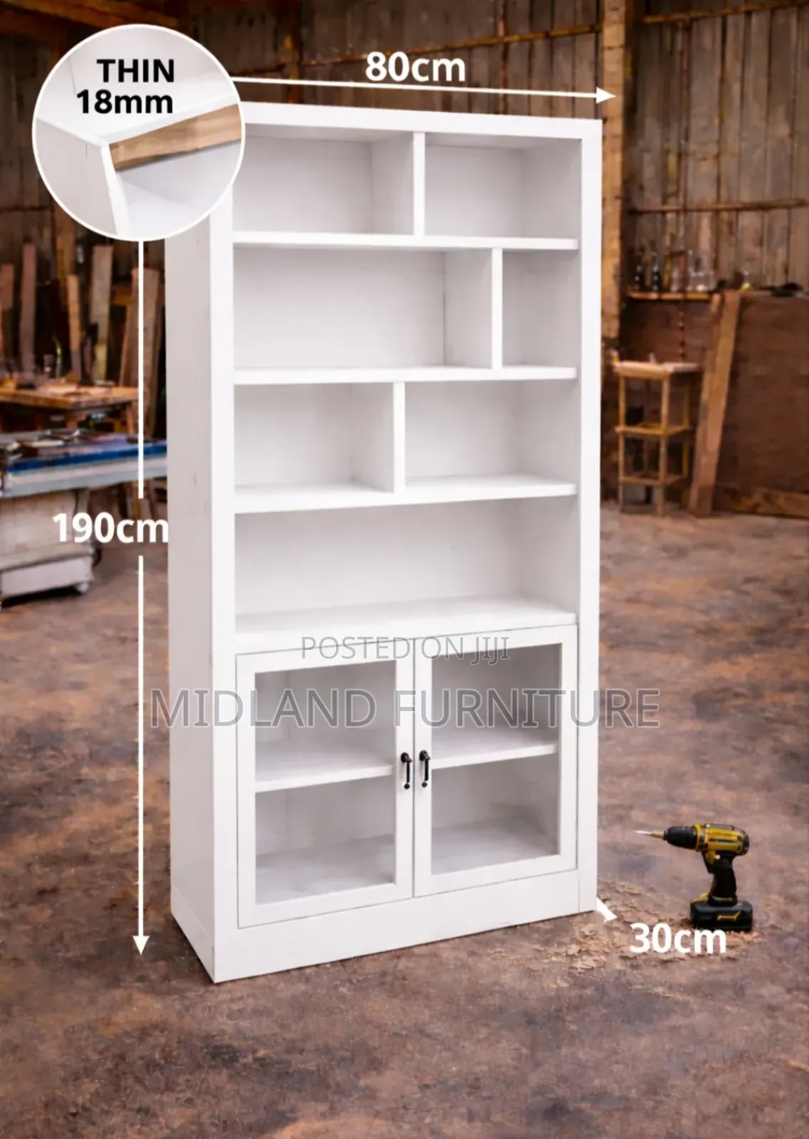 Modern White Bookshelf With Glass Cabinet (Storage Display Unit)
