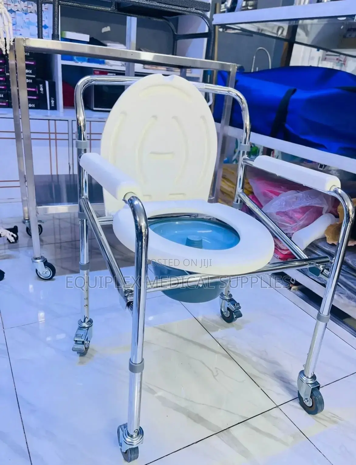 Quality Commode Chair With Wheels (White | Stainless Steel)