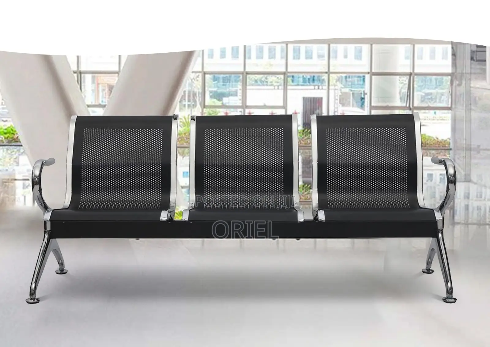 Office Bench : Office 3-Link Black Non-Padded Metallic Bench