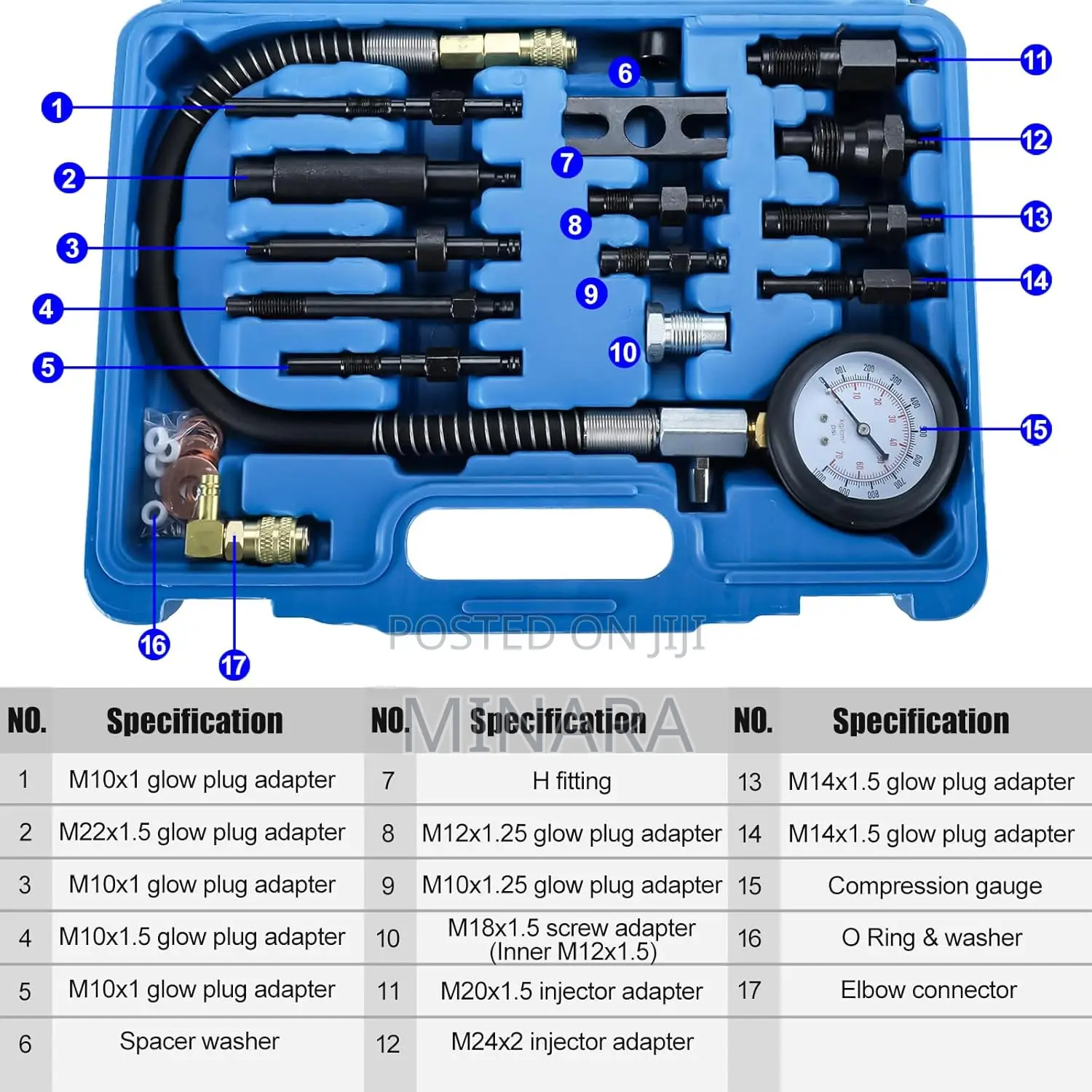 17 Pcs, Diesel Engine Compression Tester, Cylinder Pressure Tool Kit