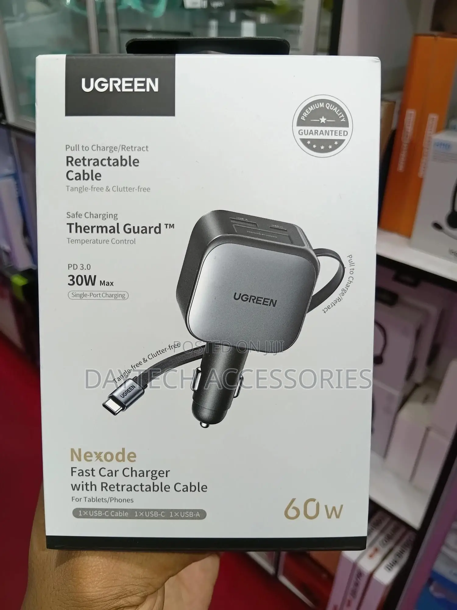 Ugreen 60w Nexode Fast Car Charger With a Retractable Cable.