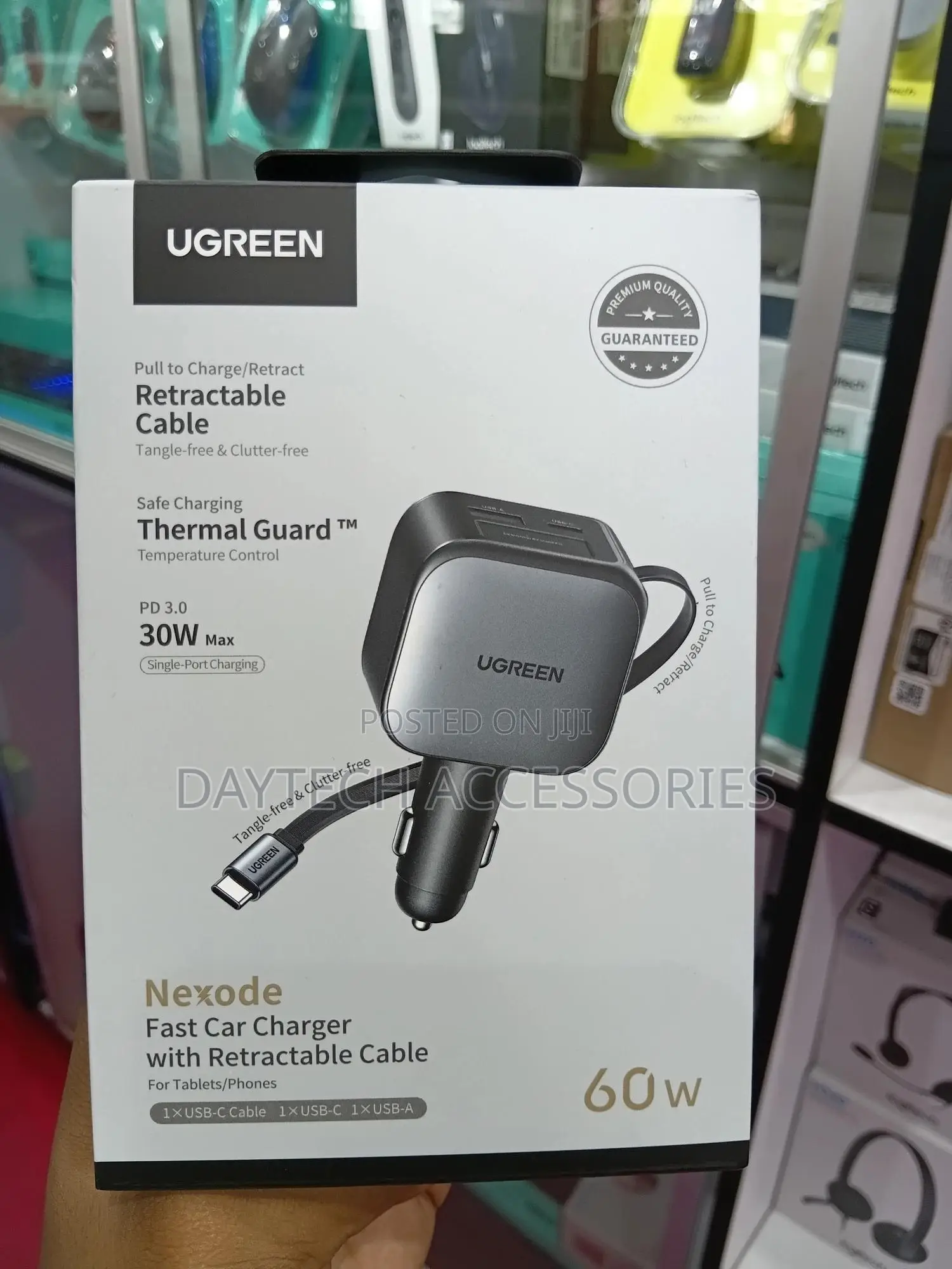Ugreen Retractable Car Charger 60w With Built-in 30w Usb C Cable 70cm