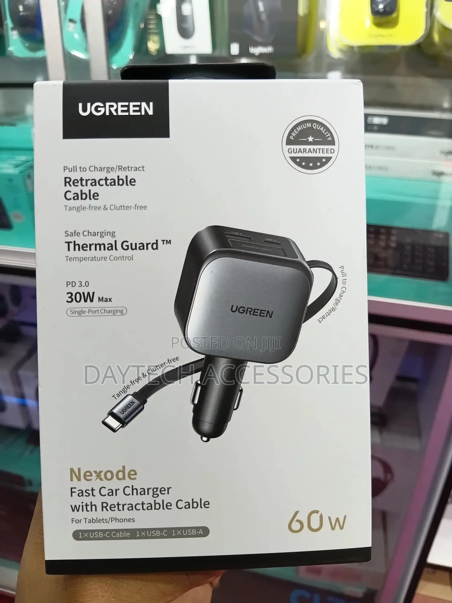 Ugreen Retractable Car Charger 60w With Built-in 30w Usb C Cable 70cm