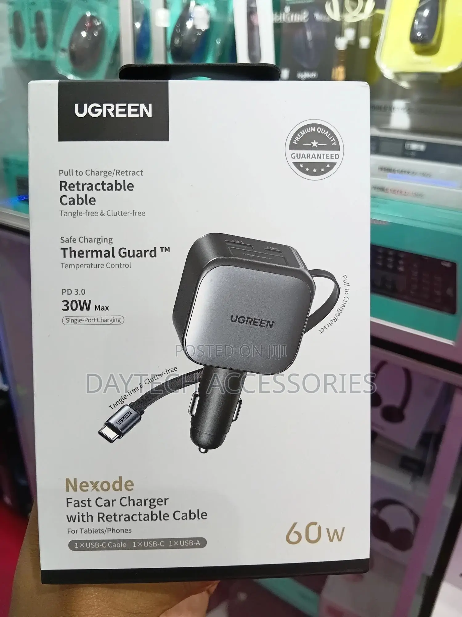 Ugreen Retractable Car Charger 60w With Built-in 30w Usb C Cable 70cm