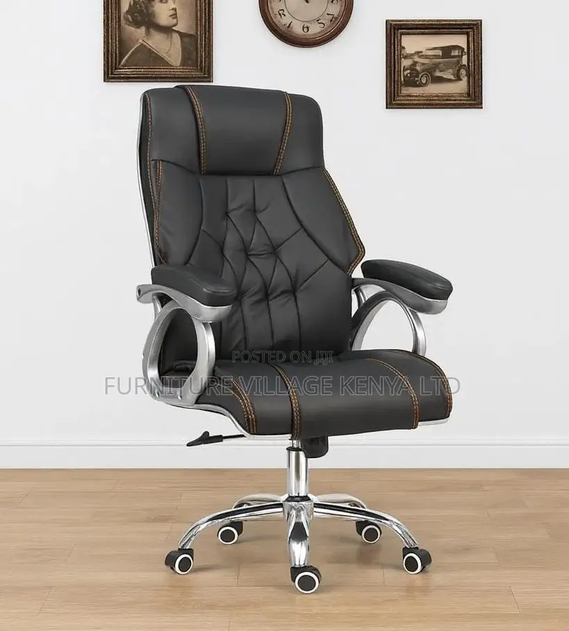 Office Chair; Black Leather High Back Office Chair