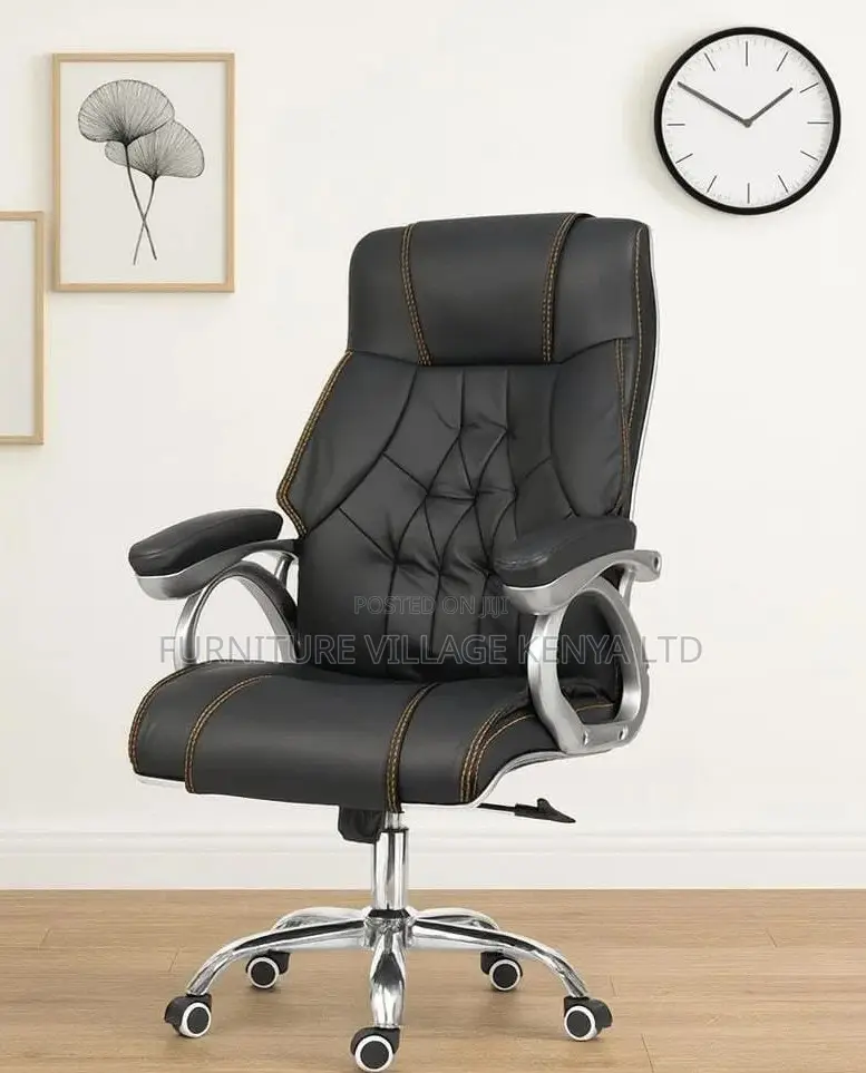 Office Chair; Black Leather High Back Office Chair