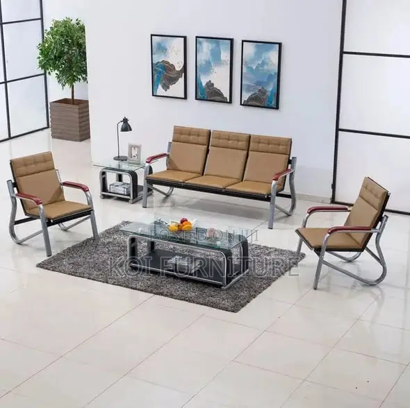 5-Seater Upholstered Waiting Bench | Tan With Metal Frame