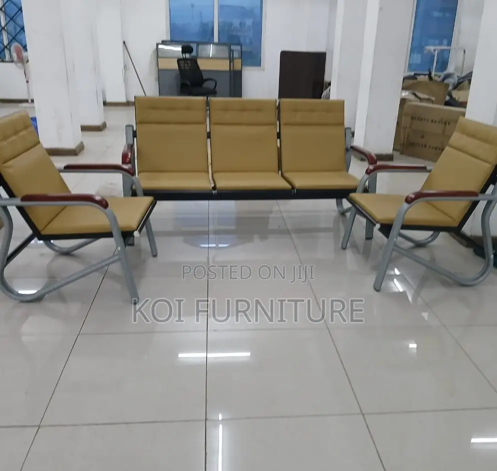 5-Seater Upholstered Waiting Bench | Tan With Metal Frame
