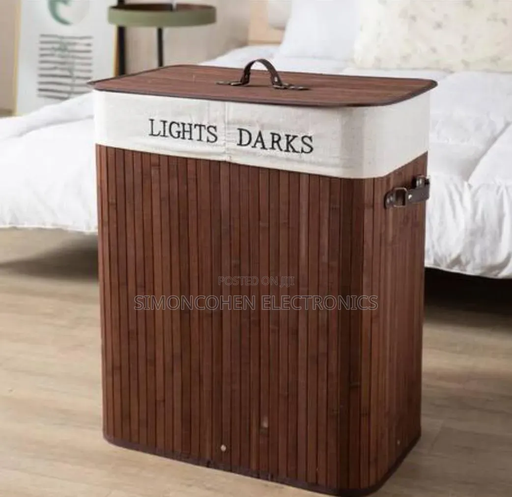 100l Bamboo Laundry Basket With Flip Lid With 2 Compartments