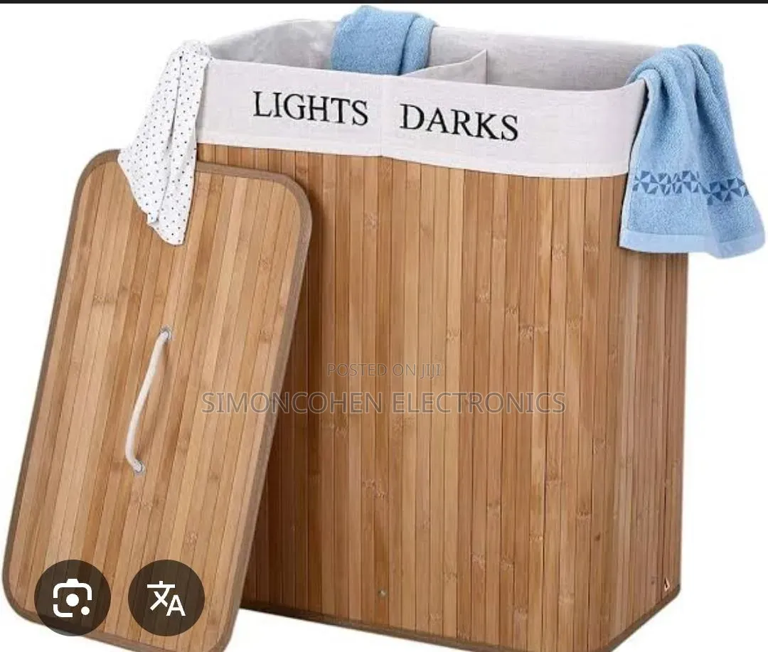 100l Bamboo Laundry Basket With Flip Lid With 2 Compartments