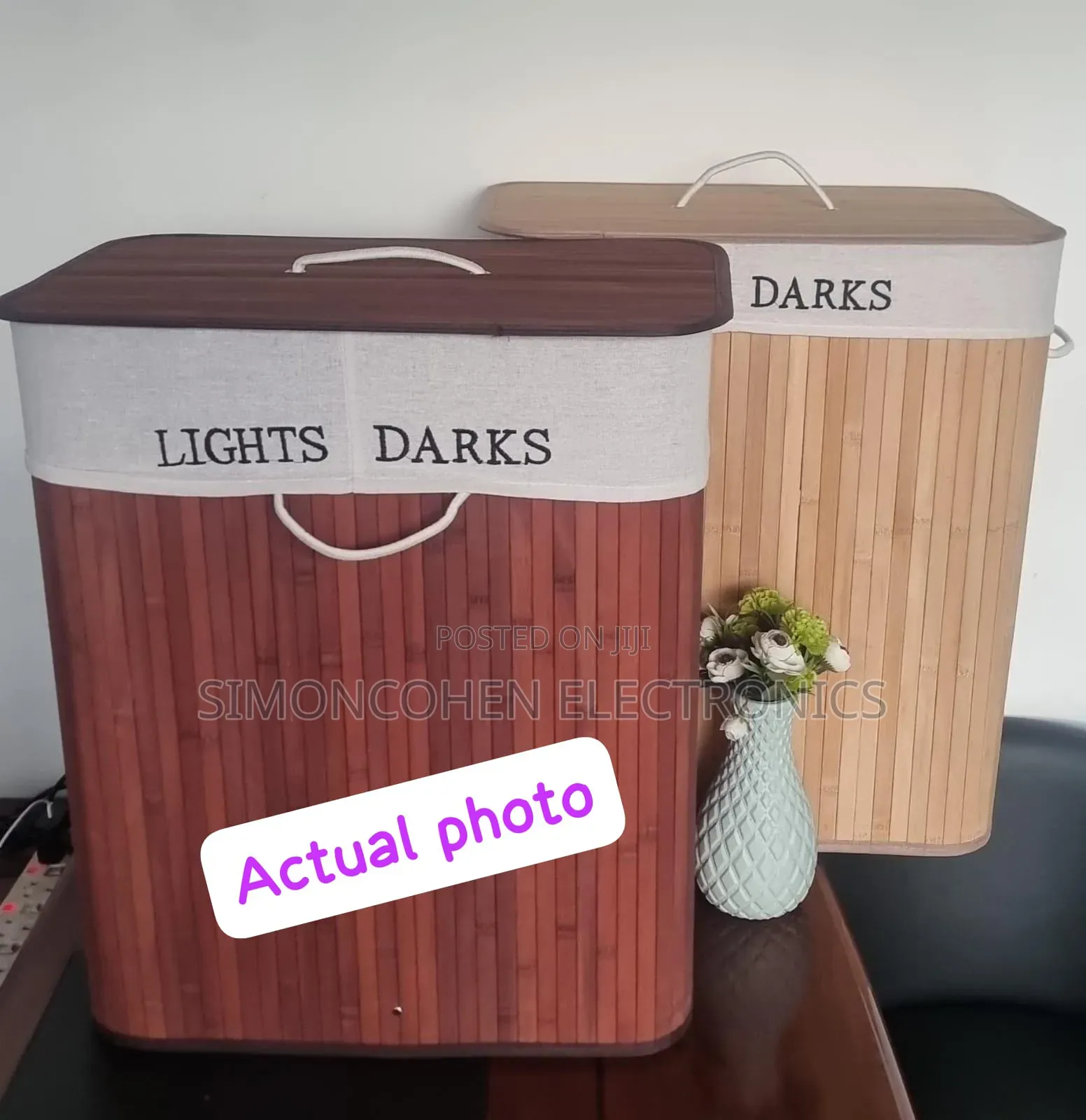 100l Bamboo Laundry Basket With Flip Lid With 2 Compartments