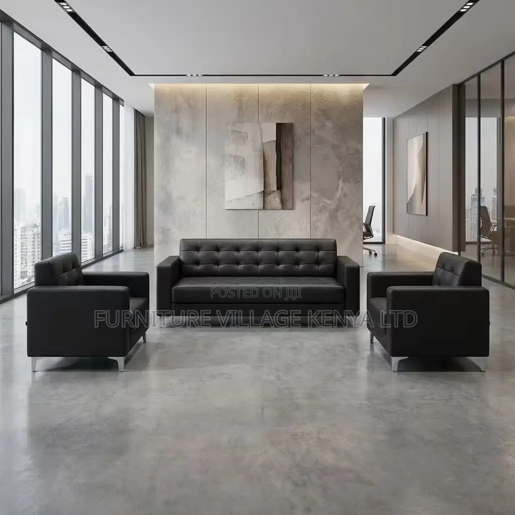 5-Seater Black Leather Guest Waiting Sofa Set