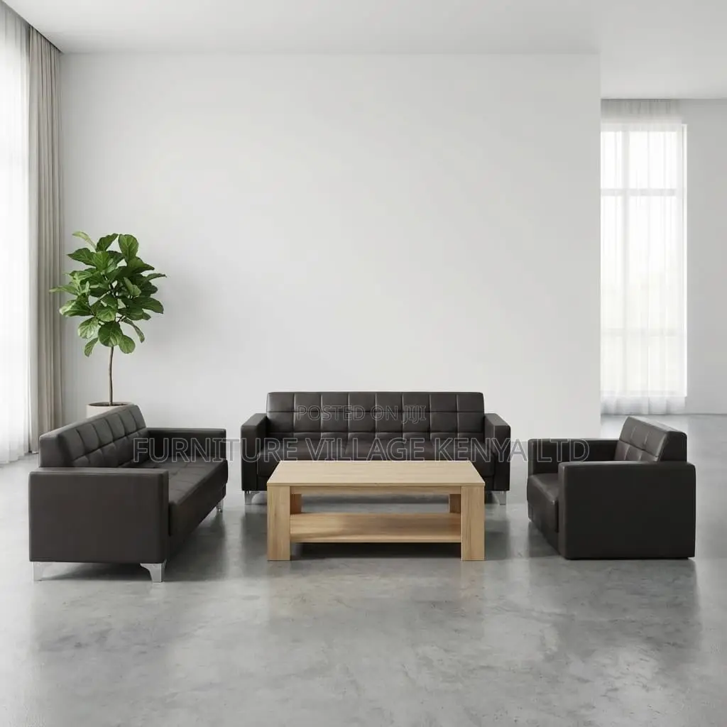 5-Seater Black Leather Guest Waiting Sofa Set