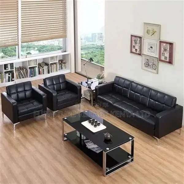 5-Seater Black Leather Guest Waiting Sofa Set