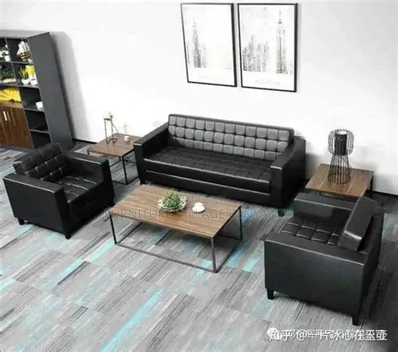 5-Seater Black Leather Guest Waiting Sofa Set