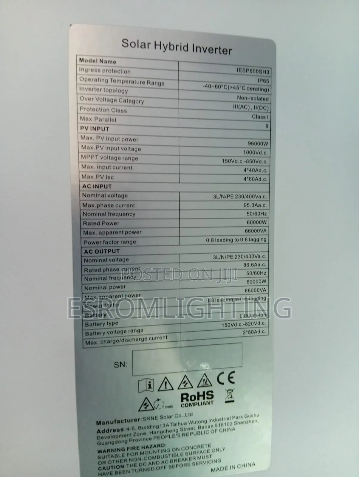 Srne 60kw Solar Hybrid Inverter Model: Iesp600sh3
