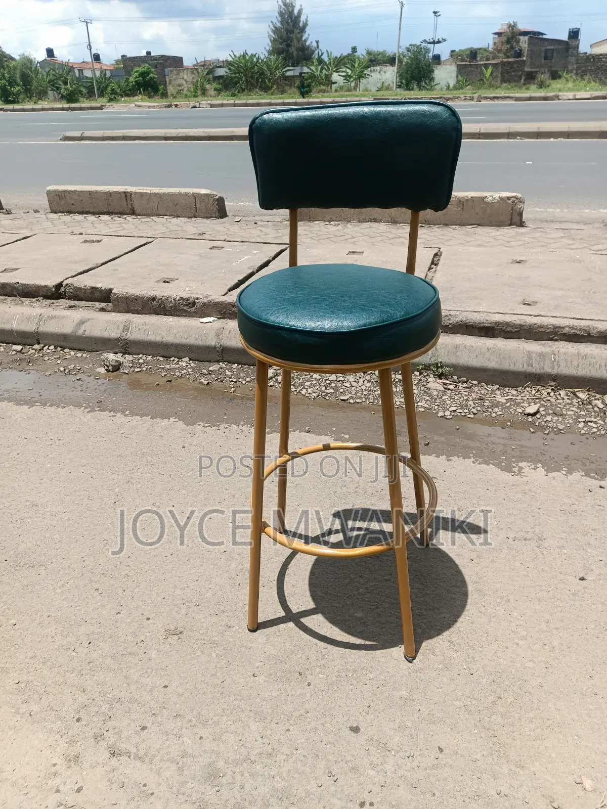 Counter Stool or Kitchen Stool, Leather Green and Gold 