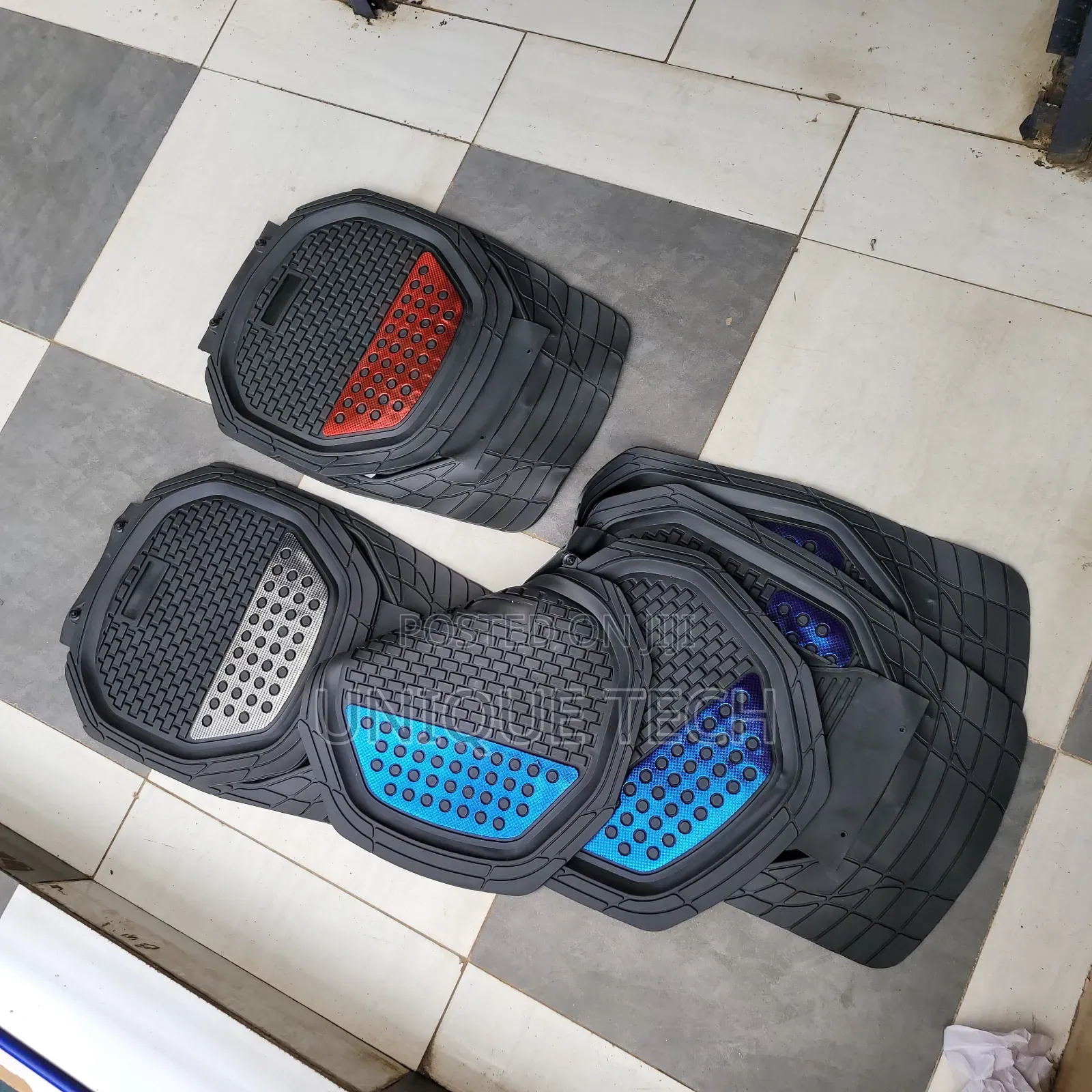 Universal Car Floor Mats- Blue/Red/Silver Patch Design