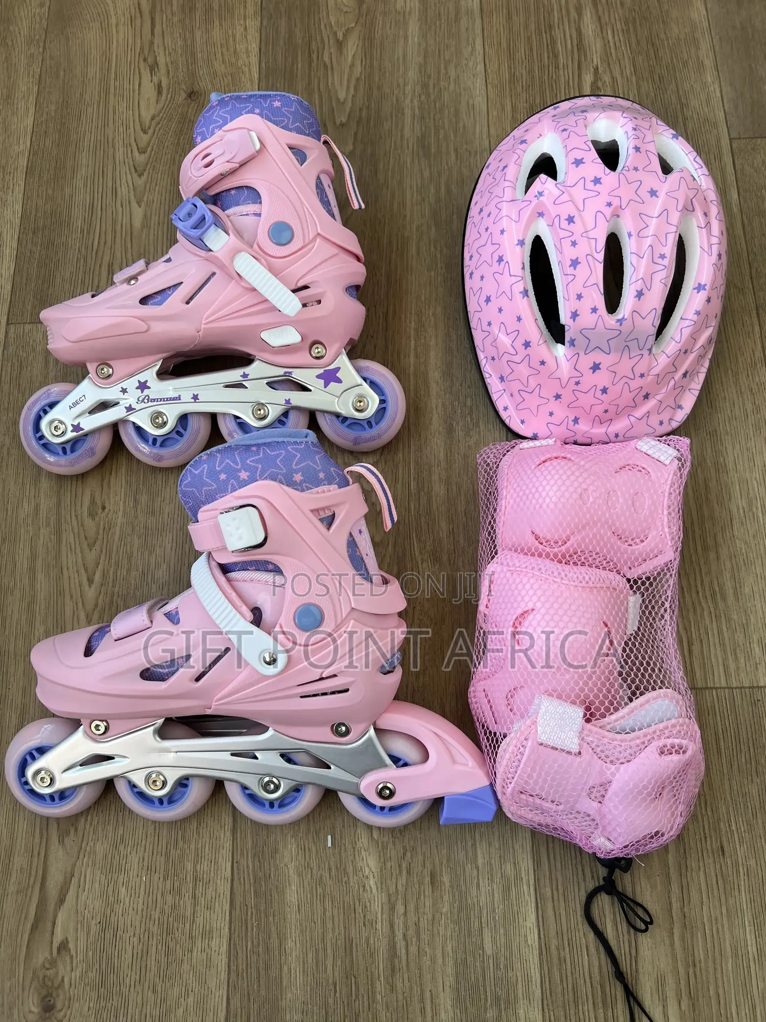Pink Full-Set Adjustable Roller Skates for Kids( With Rubber Wheels)