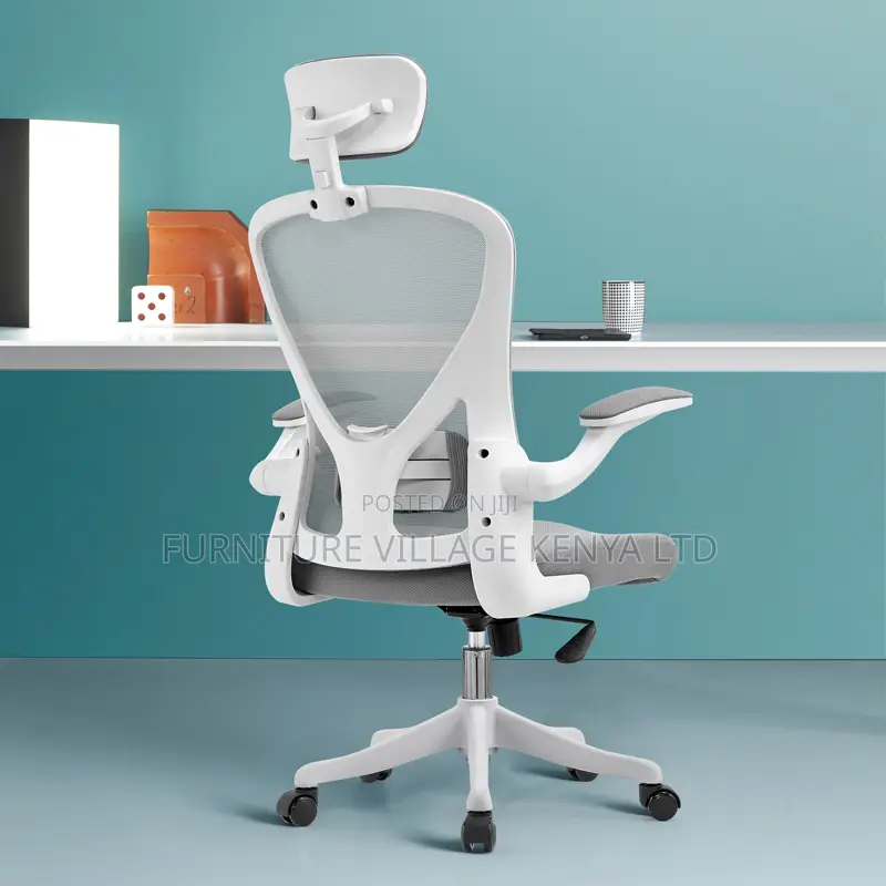 Swivel White Mesh Desk Seat With Adjustable Arms