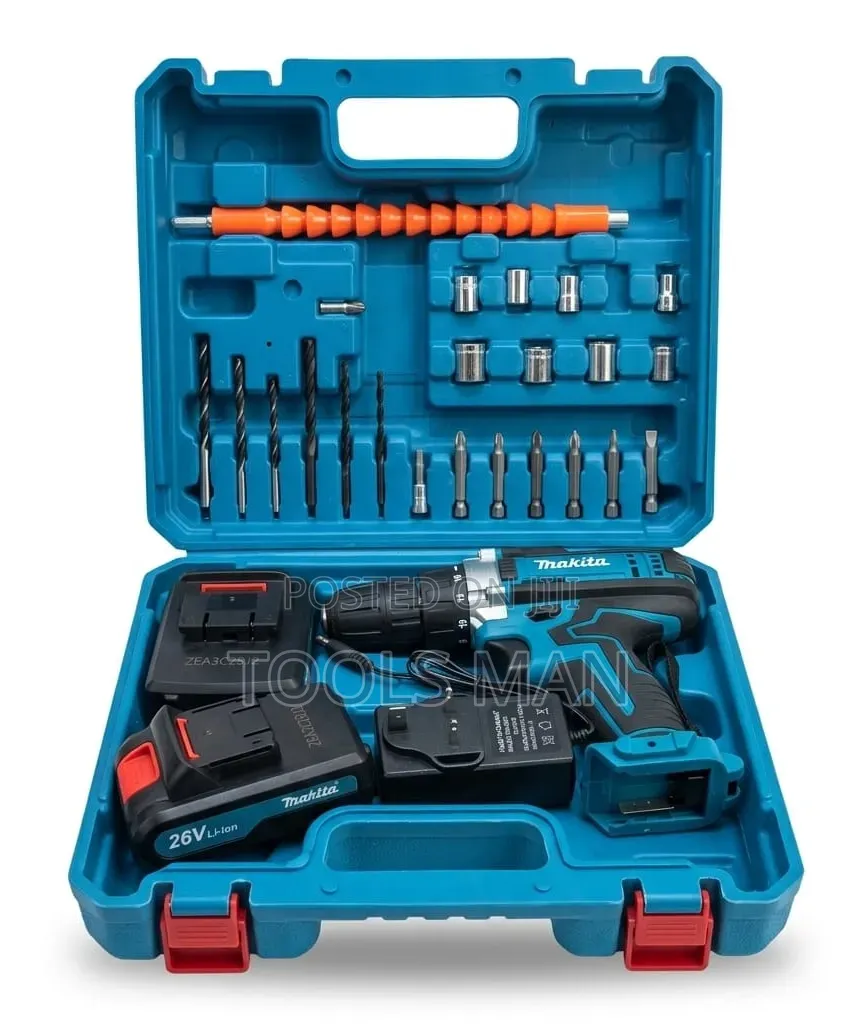 Makita 26v Cordless Drill Set With 2 Batteries and Accessories.