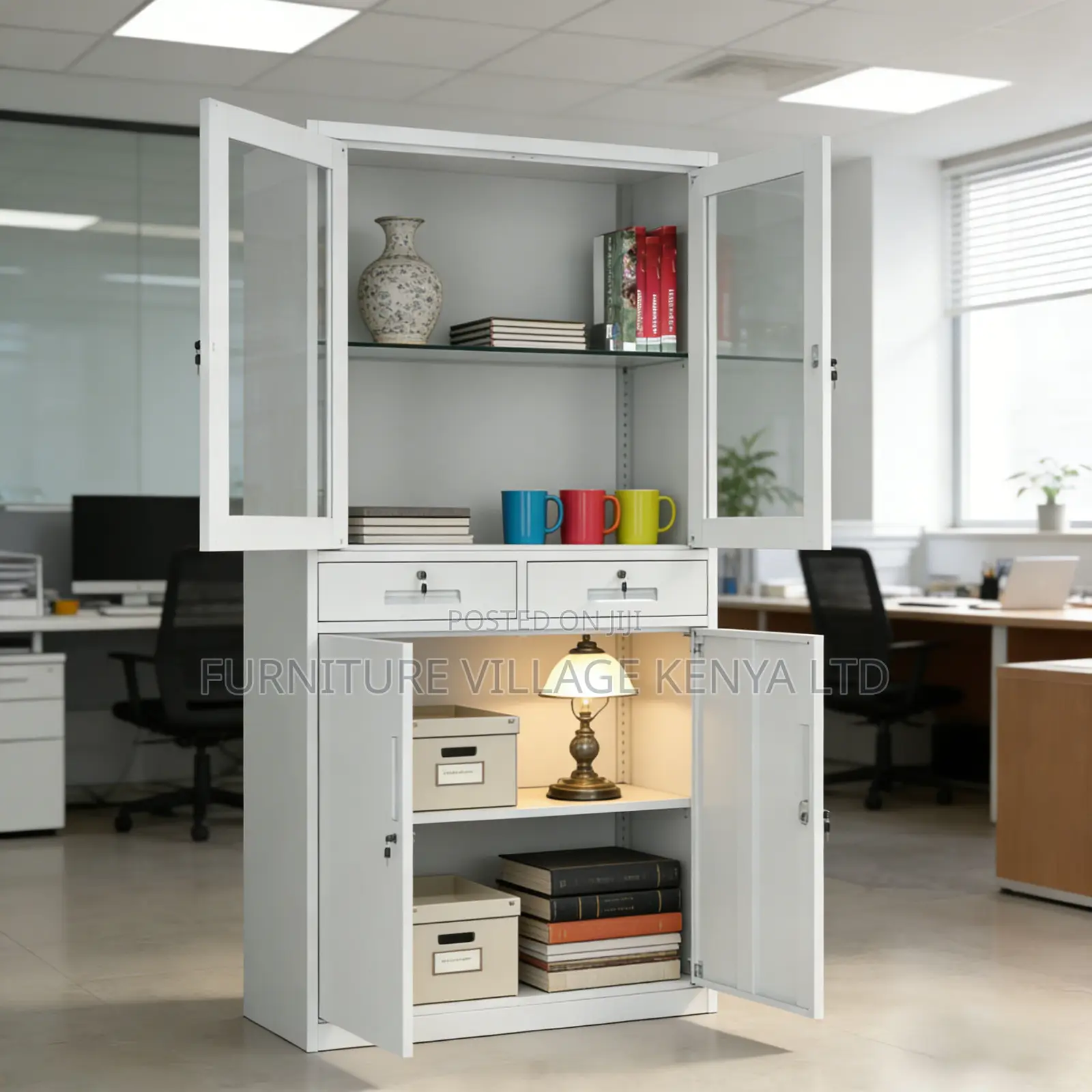 Modern White Glass Door File Cabinet With Drawers