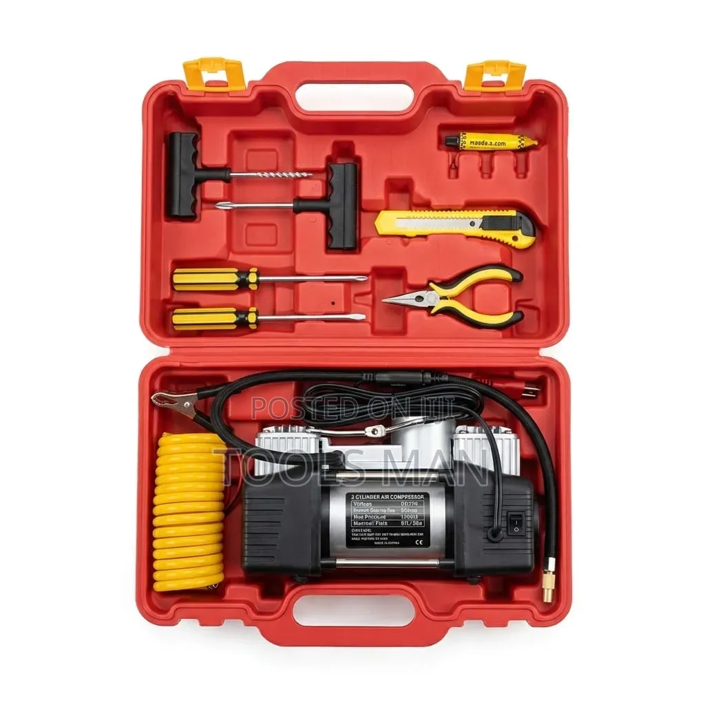 High Power Double Cylinder Air Compressor With Tire Repair Kit.