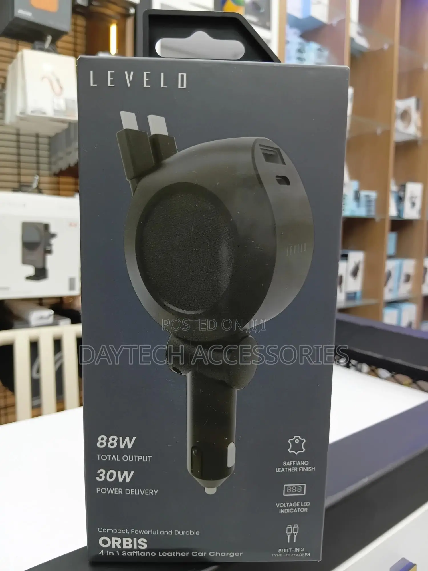 Levelo Orbis 4-in-1 88w Car Charger With Dual Retractable Cables.