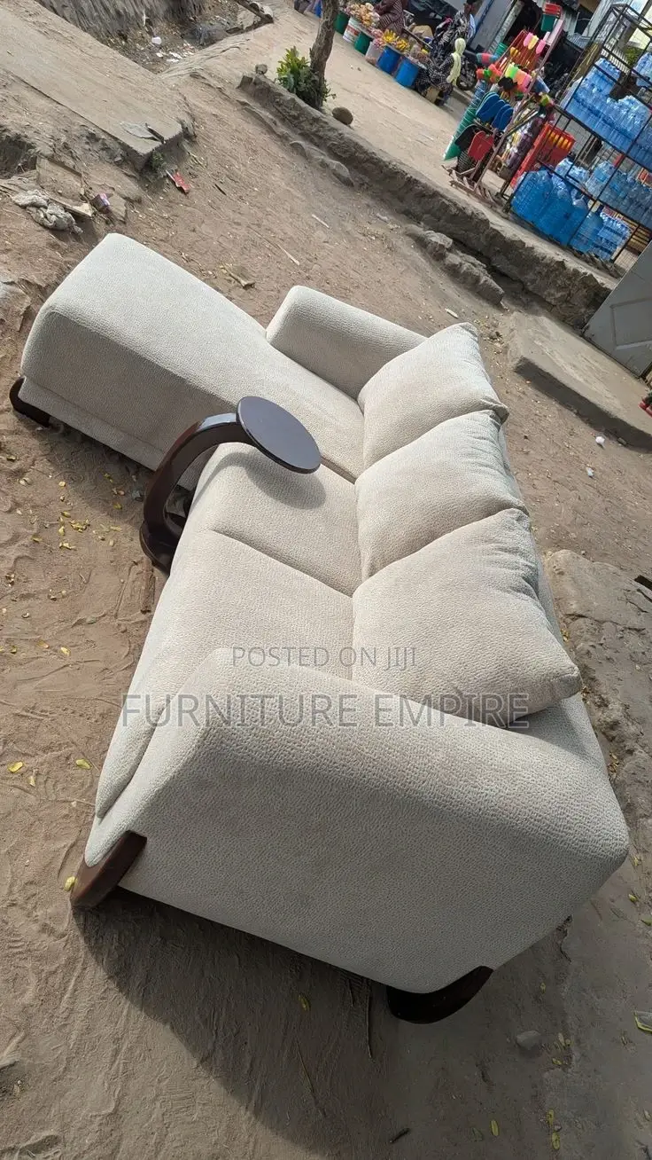 Beige L- Shaped Sofa With Wooden Armrest