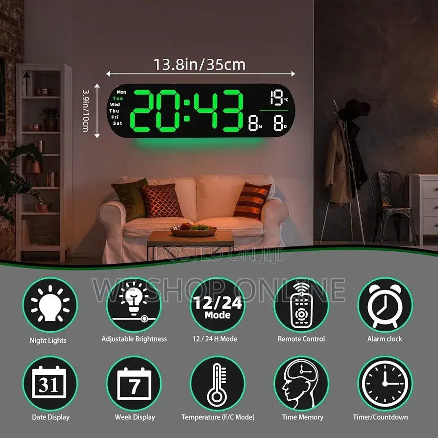 Large Led Digital Alarm Clock, 43×12cm.