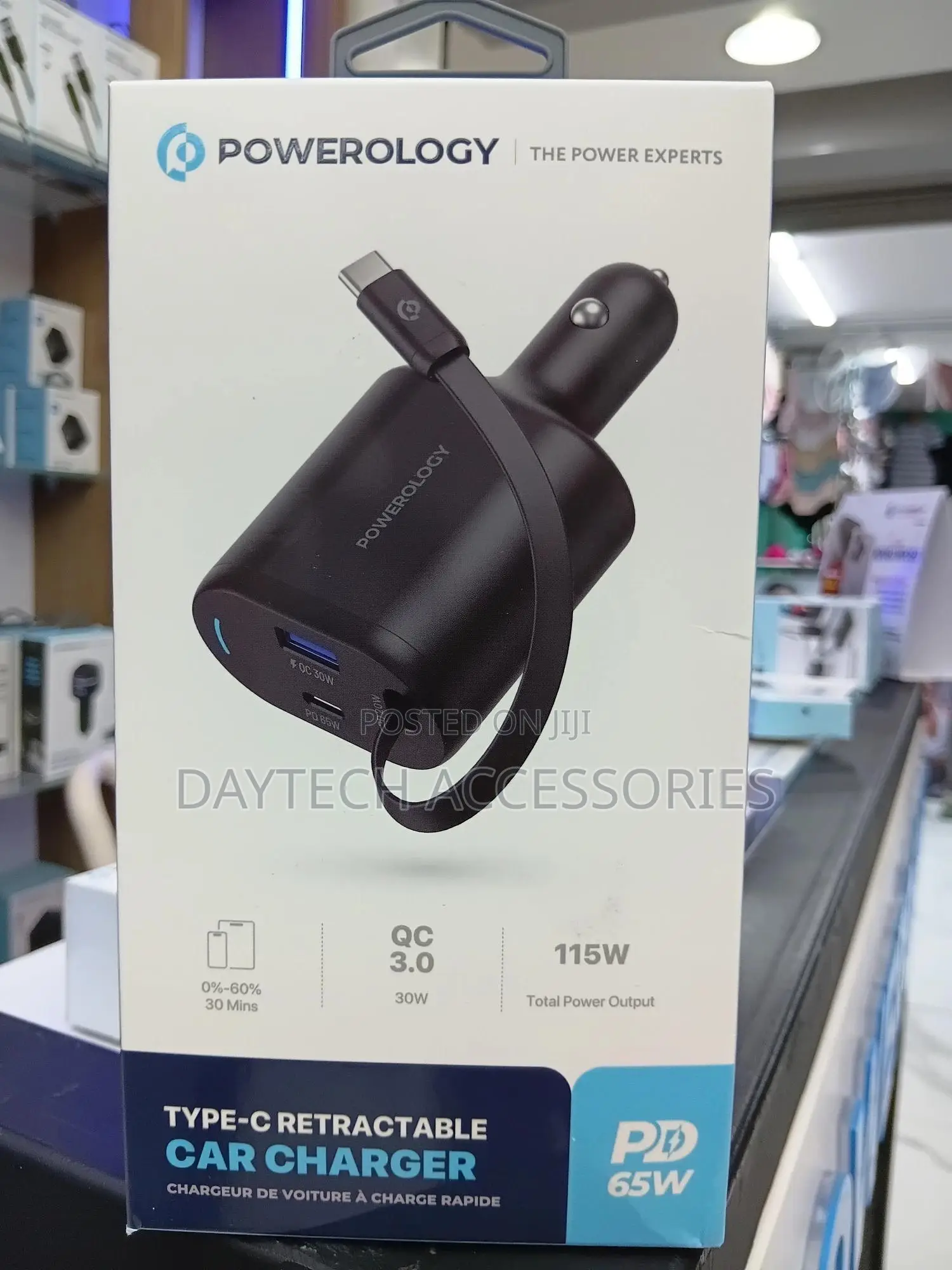 Powerology Type-C Retractable Car Charger 115w - Black