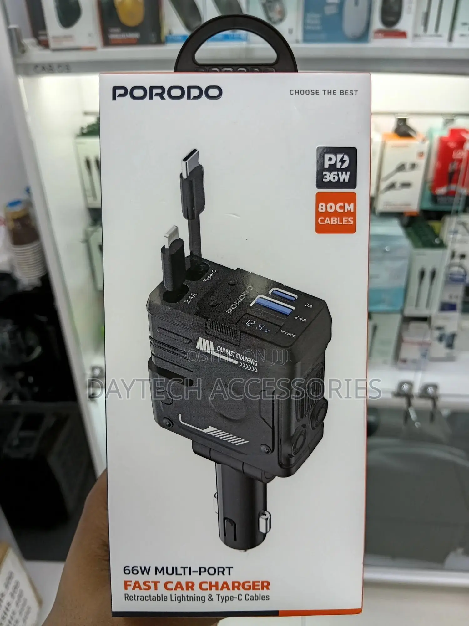 Porodo 66w Car Charger Lightning Type-C – Black