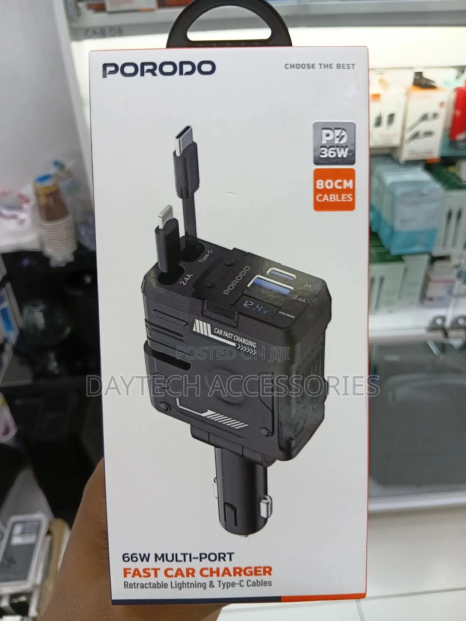 Porodo 66w Car Charger Lightning Type-C – Black