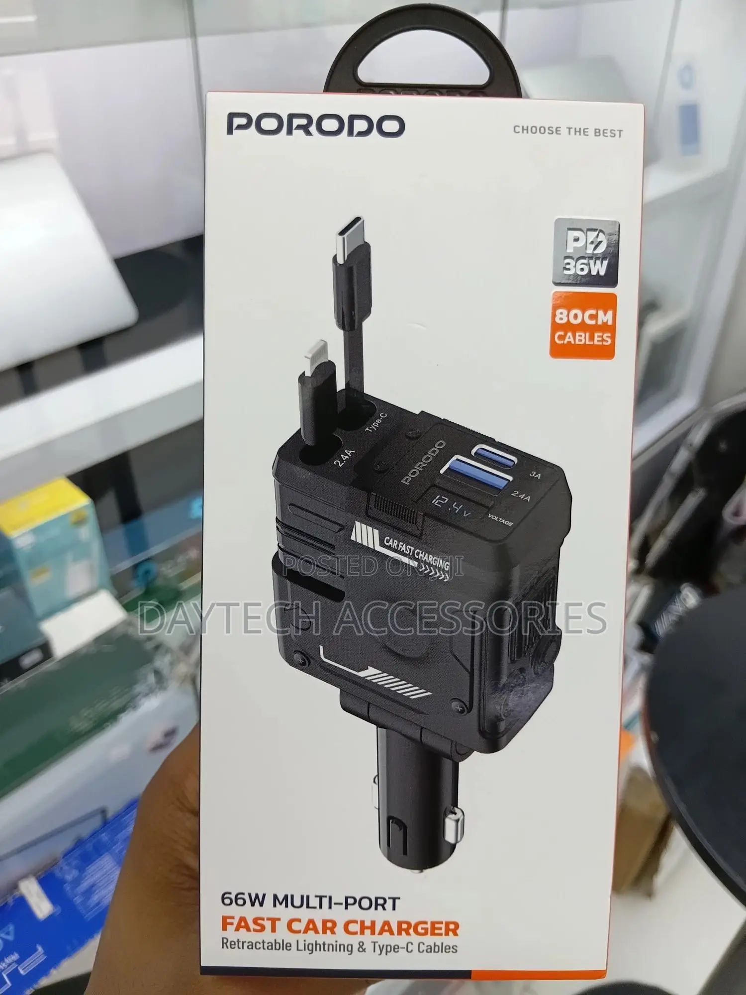 Porodo 66w Fast Car Charger With Retractable Lightning and Type-C.