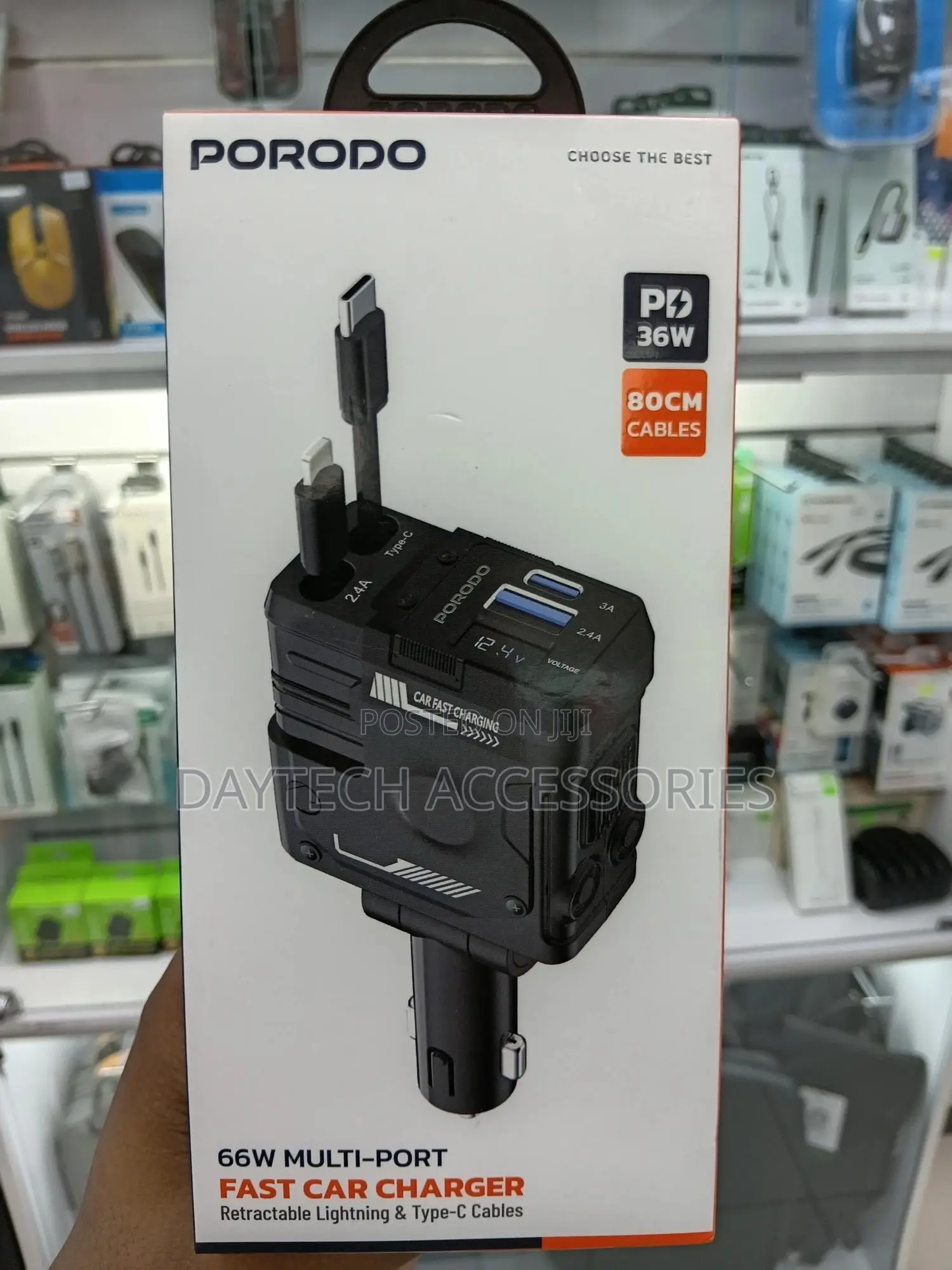 Porodo 66w Fast Car Charger With Retractable Lightning and Type-C.