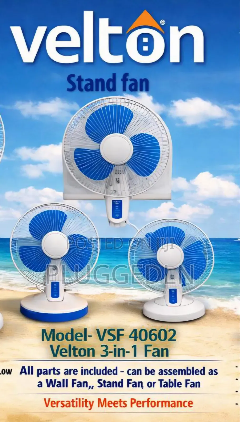 Velton 3-in-1 Fan (Stand, Wall, Table).