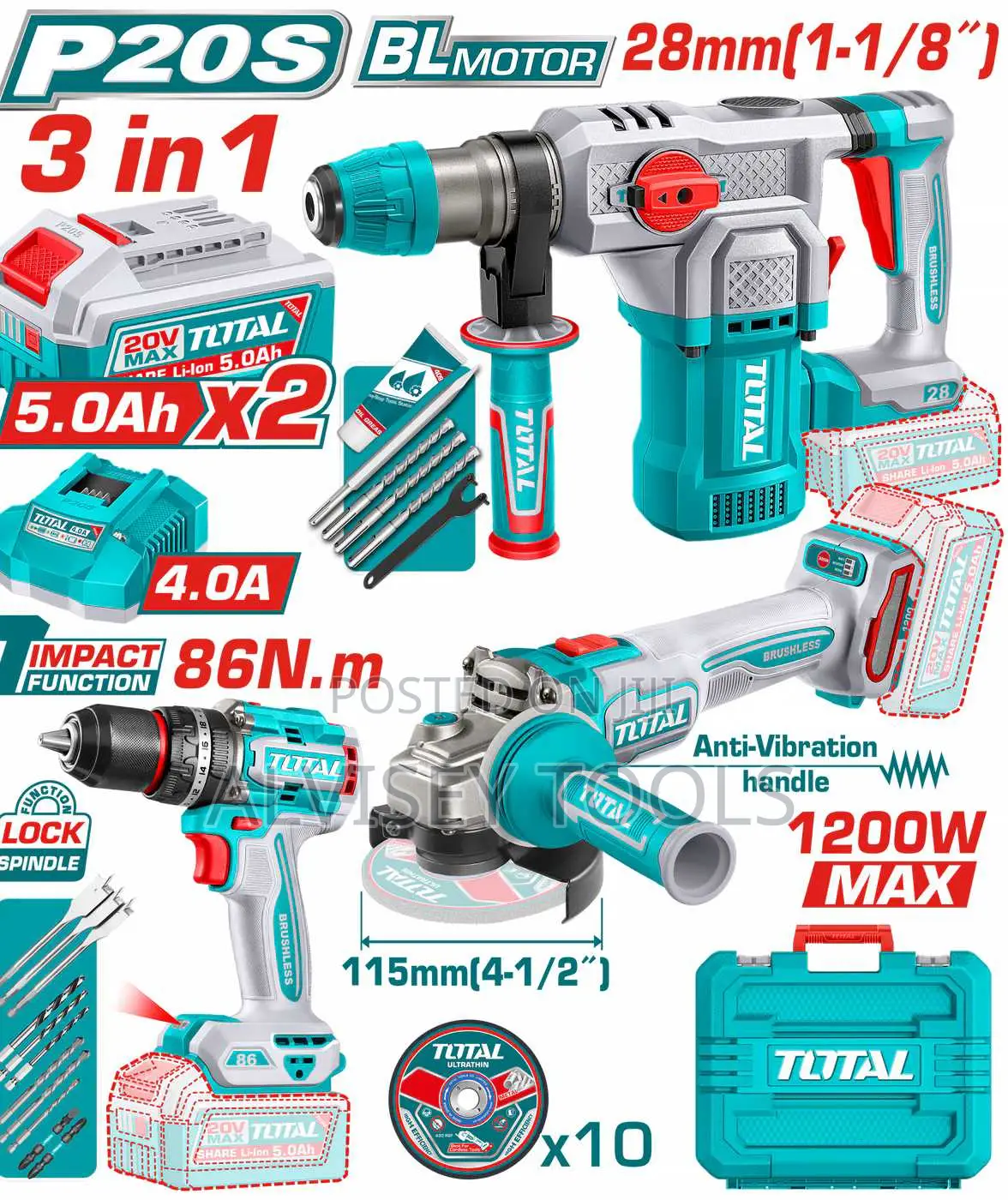 Total Tosli251195 Cordless 3 PCS Combo Kit