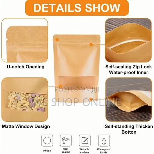 9*14cm, 50pcs Resealable Kraft Bags With Window Stand Up Ziplock Seal