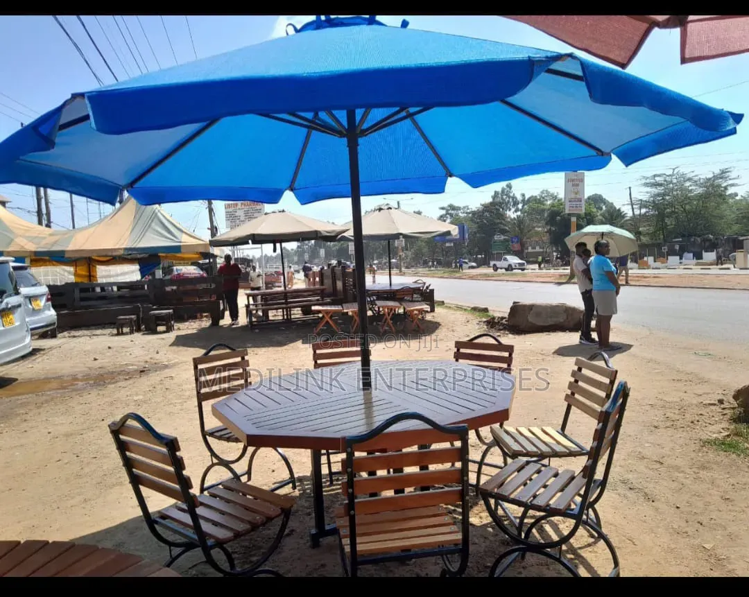 Blue Parasol+8 Chairs +Tables + Stand