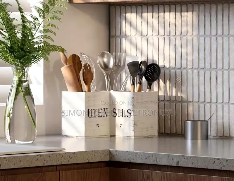 Wooden Kitchen Utensils/Cutlery Holder With a White Rustic Finish