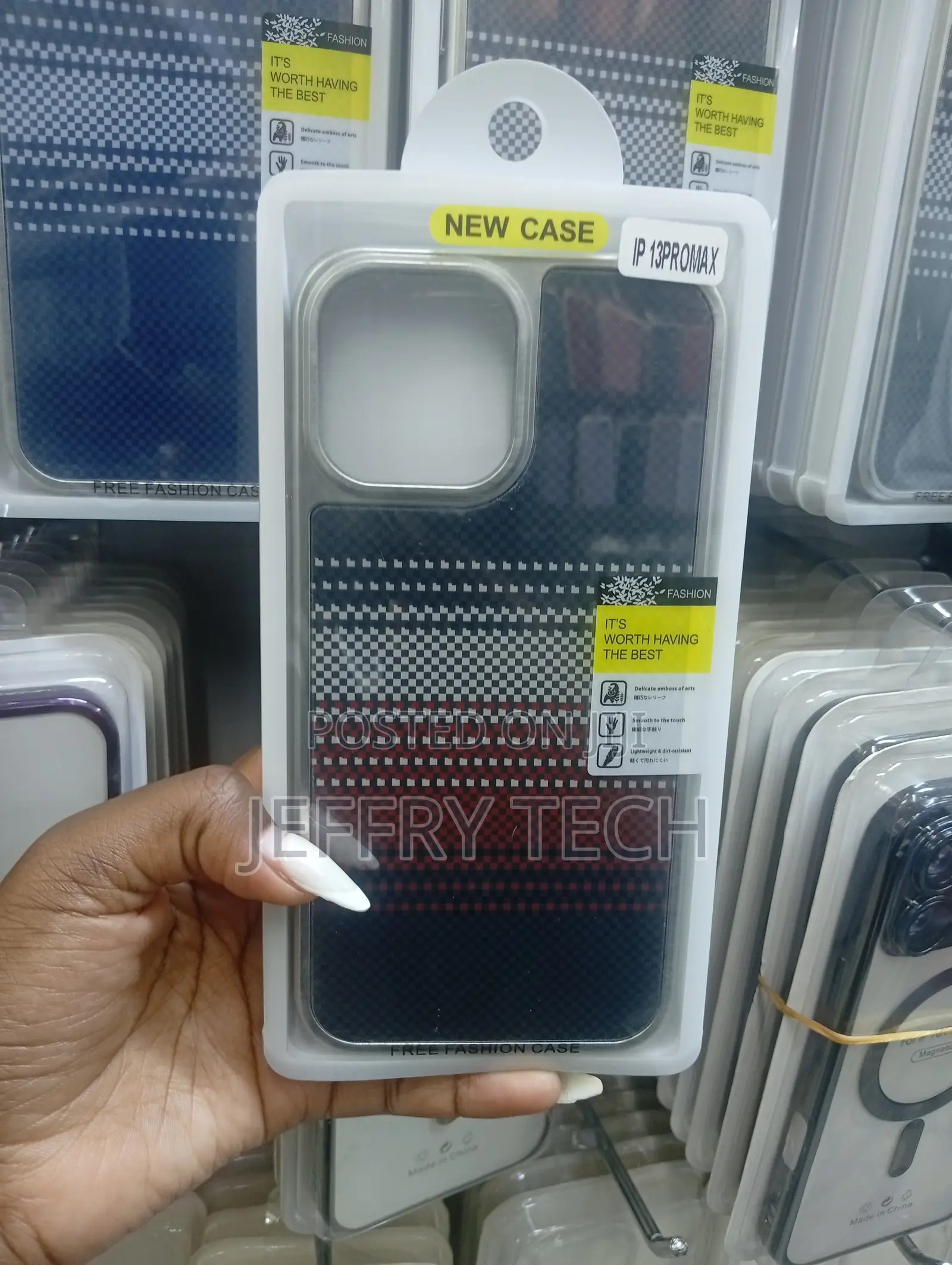 iPhone 13 Pro Max, a Multi-Colored Carbon Fiber Texture Pattern.