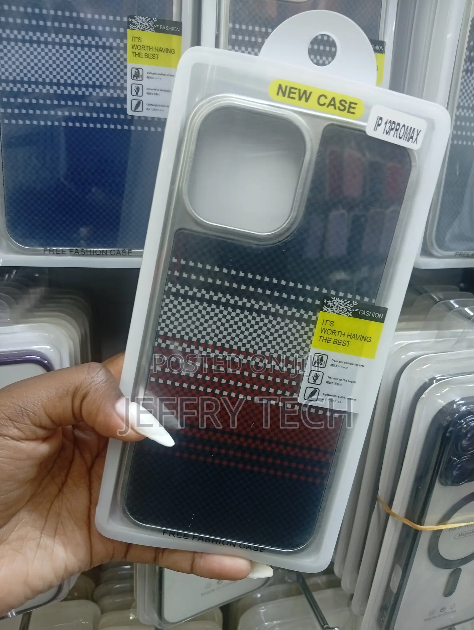 iPhone 13 Pro Max, a Multi-Colored Carbon Fiber Texture Pattern.