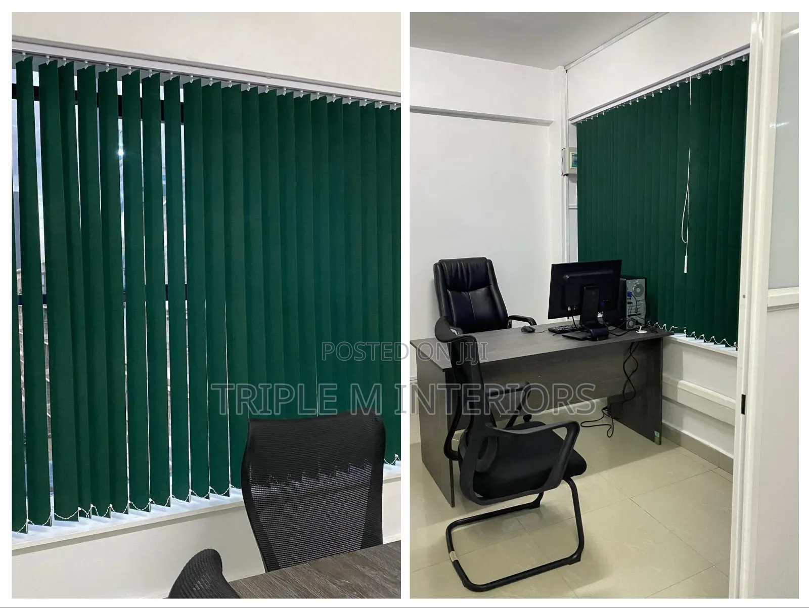 Rich Green Vertical Blinds for a Classy Workspace Look