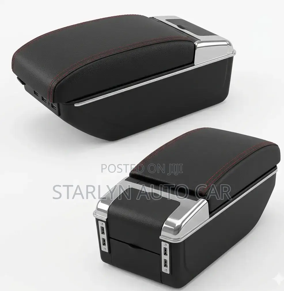 Universal Car Armrest – Sleek Black With Sporty Red Stripe