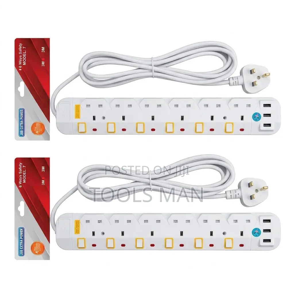 JSB 6-Way Power Extension Cable + Usb, 3m Heavy Duty Surge Protector