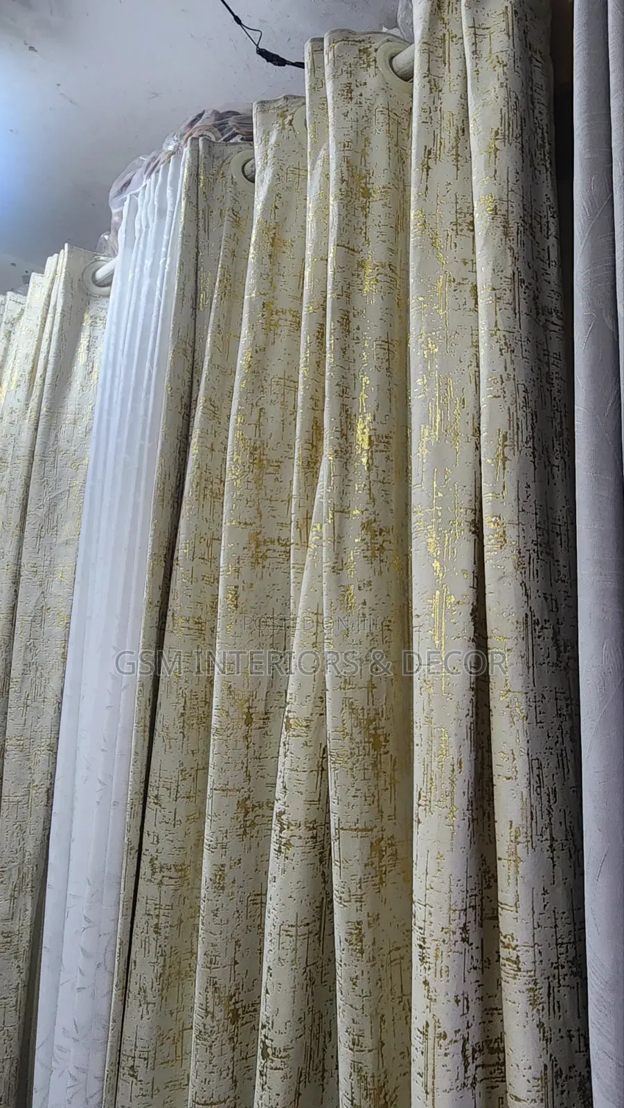 Cream/Off-White Curtains With Gold Patterns for Airbnb